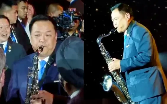 Anutin plays saxophone at a reception, shown in two side-by-side photos.