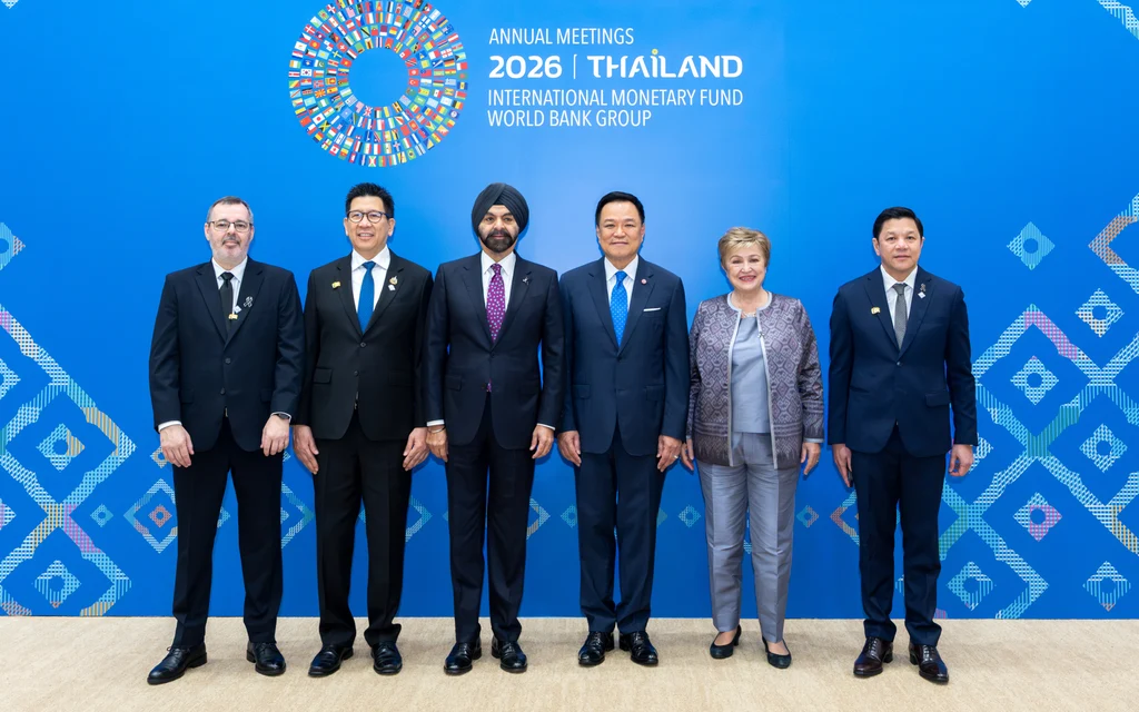 Six officials pose at the 2026 Thailand IMF and World Bank meetings.