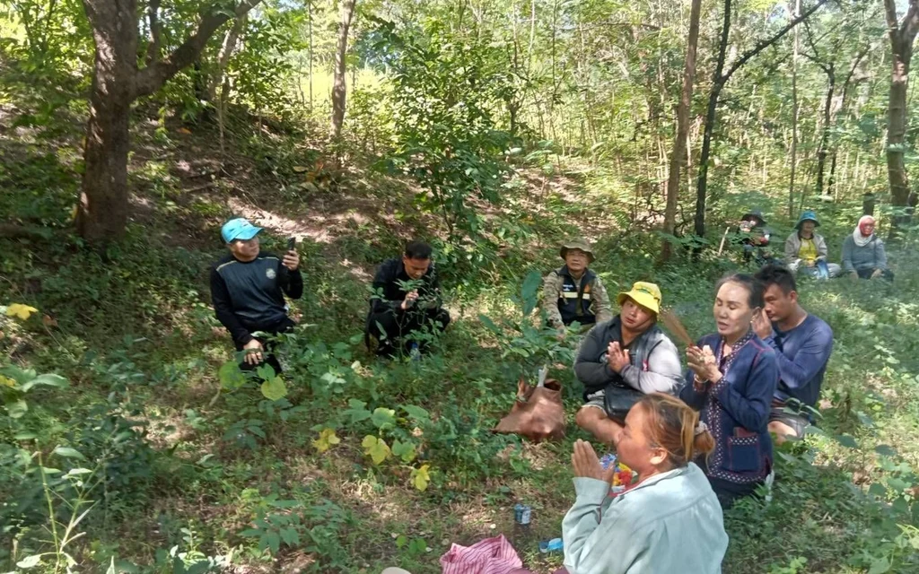 Adults search a wooded area for a missing child.
