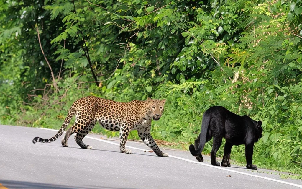 A leopard follows a black panther along a forest road.