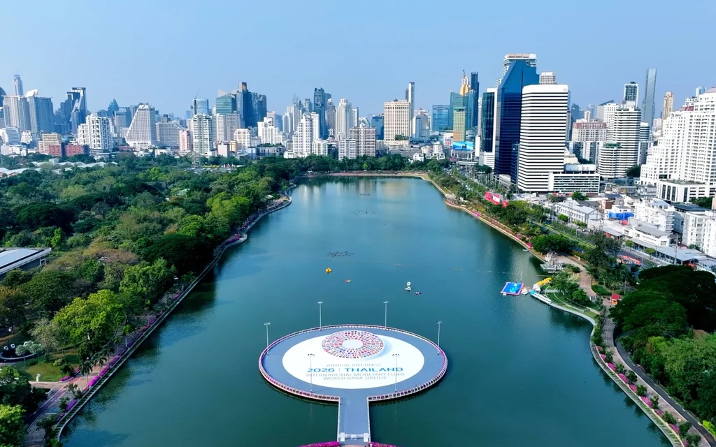 Aerial view of Benjakitti Park in Bangkok with event branding.