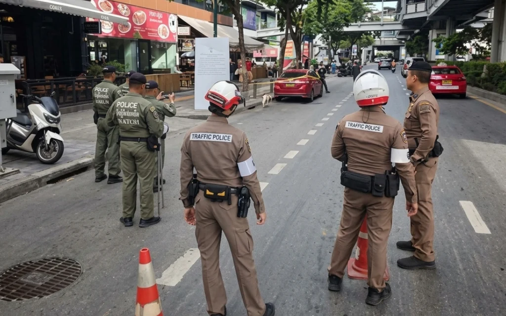 Thai traffic police officers standing on a street near a car.