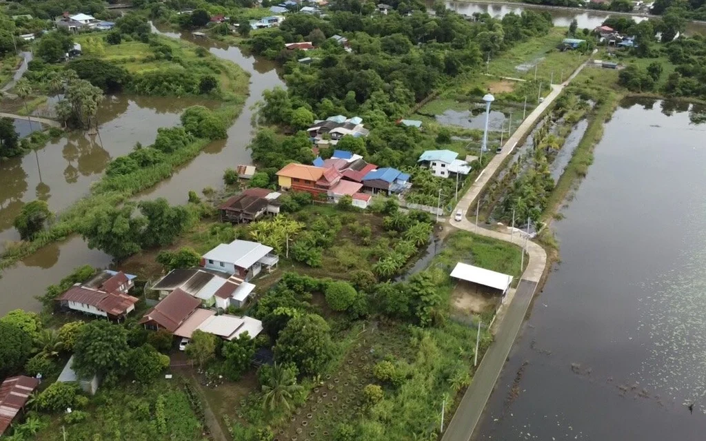 Aerial view of flooded residential area in Ayutthaya province.