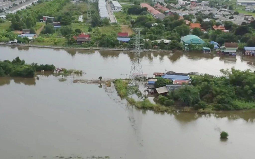 Aerial view of flooded residential area in Ayutthaya province.