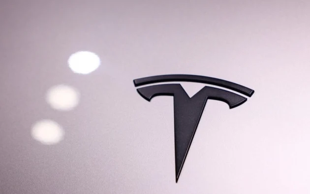 Close-up of a Tesla logo on a car body.