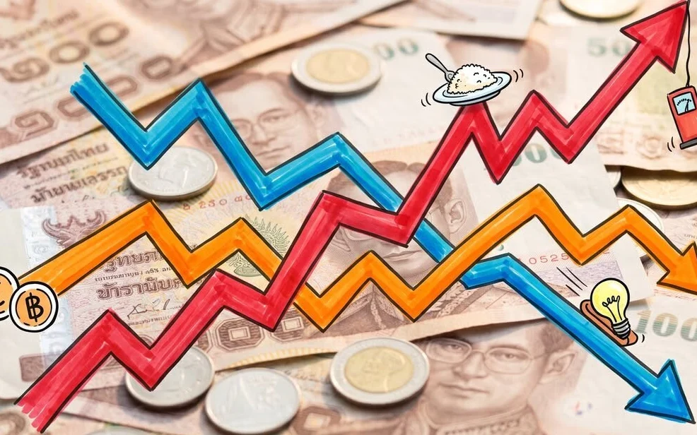 Thai currency with graph arrows showing rising fuel and food costs