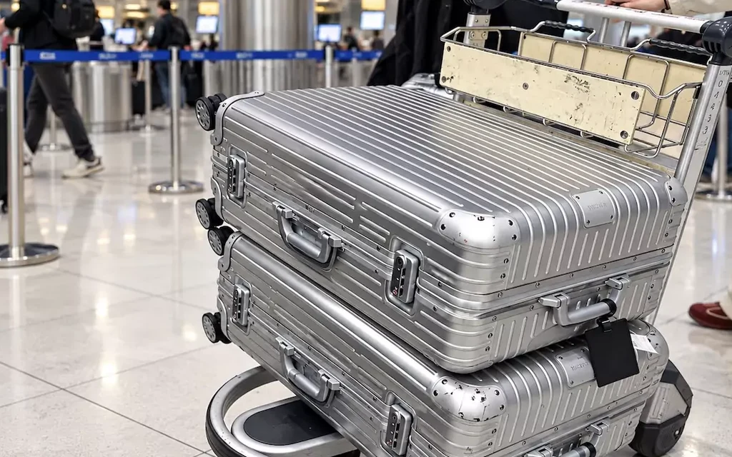 Luggage on a cart at an airport terminal.