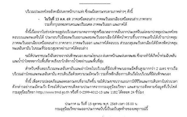 Official weather warning document from the Thai Meteorological Department.