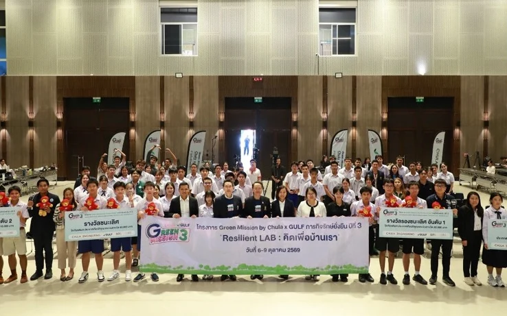 Group of students holding awards at the Green Mission competition event.