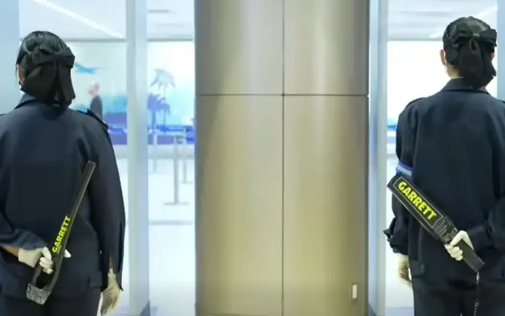 Two airport security staff hold handheld metal detectors behind their backs.