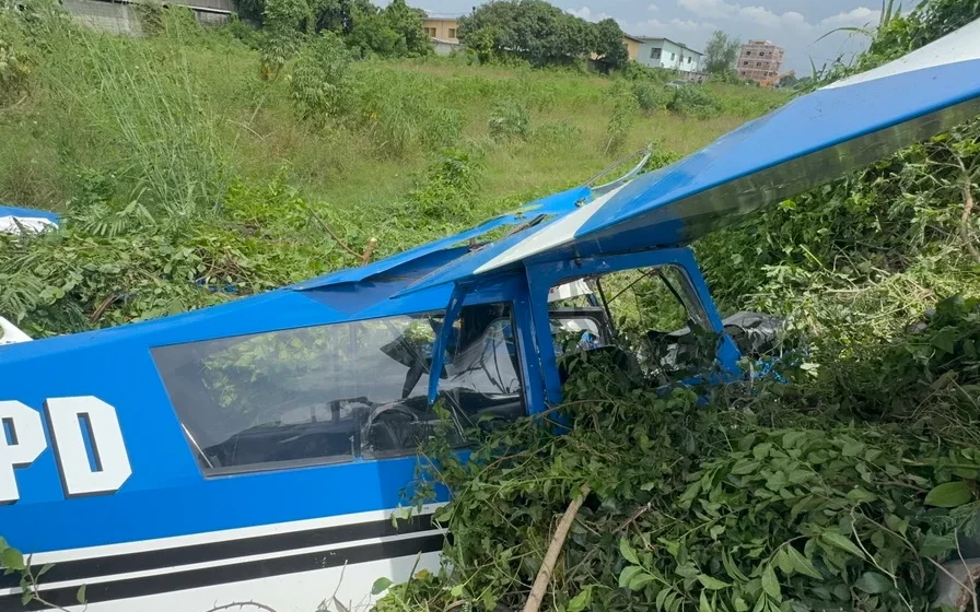 A small blue aircraft crashed in a grassy area.