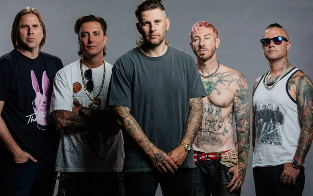 The band Avenged Sevenfold posing for a promotional photograph.
