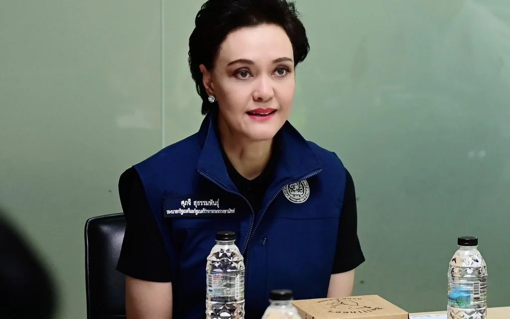 A woman in a blue vest speaks at a meeting table.