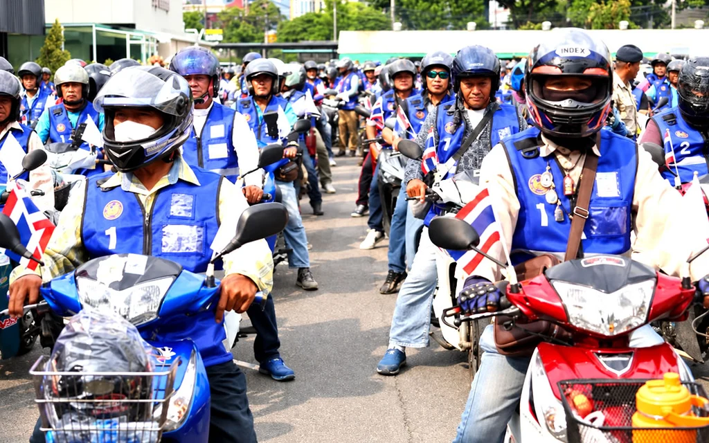 Motorcycle taxi drivers wearing blue vests gather on their bikes.